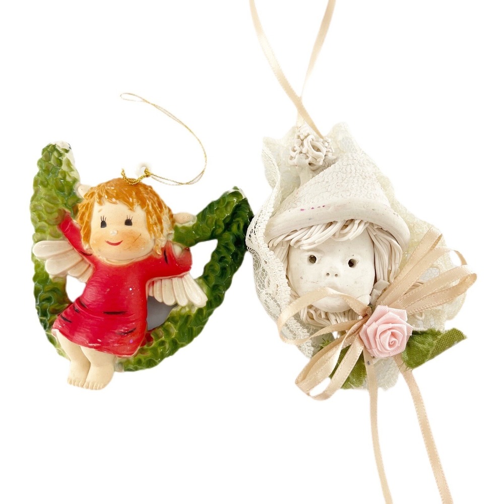 2x VINTAGE CHRISTMAS‎ ORNAMENTS Angels Porcelain Cherub Lace Figurine Holiday a